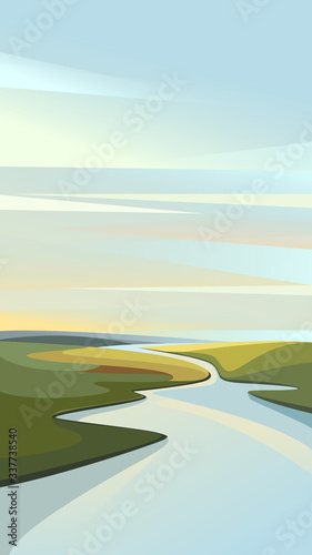 Landscape with river running among hills. Beautiful nature scenery.