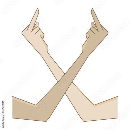 Two hands show middle finger at each other. Flat style illustration. Isolated.