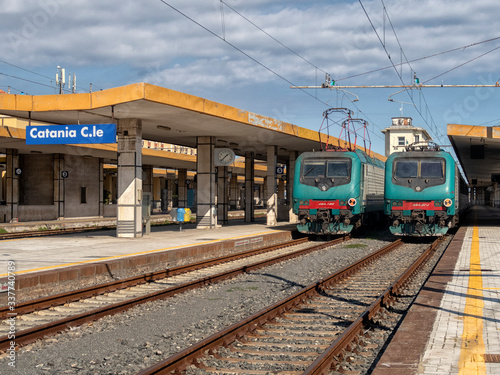 Passenger train on the railway. Railway transport.