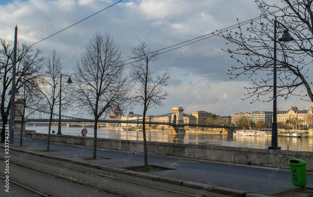 View of the Danube River in Budapest and the promenade with landmarks View of the Danube River in Budapest and the promenade with landmarks