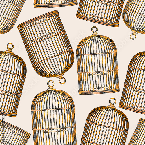 Embroidery golden bird's cages seamless pattern. Clothes, t-shirt textile design template. Symbol of freedom, love, passion