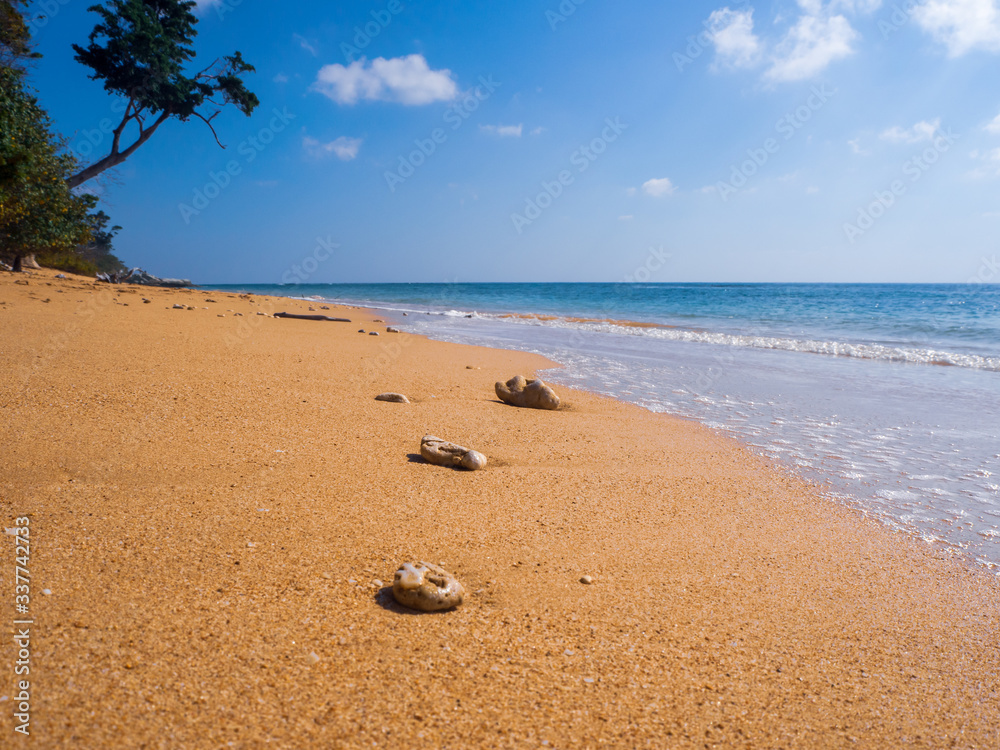 Sitapur beach view in the Andamans, India, with a clear sky in daytime. Picturesque view with pebbles on the beach in the foreground. Sitapur beach view in the Andamans, India, with a clear sky in daytime. Picturesque view with pebbles on the beach in the foreground.