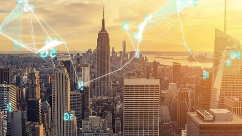Modern City covered with Internet 5g Mobile Digital Technology