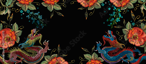 Dragons and red roses flowers. Japanese and chinese art. Fashion horizontal banner for design. Oriental asian concept
