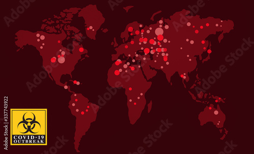 Map of the spread of the coronavirus COVID-19 in the world. Pandemic as red and pink spots which countries have the most cases and deaths case , it’s infected around the planet, black background.