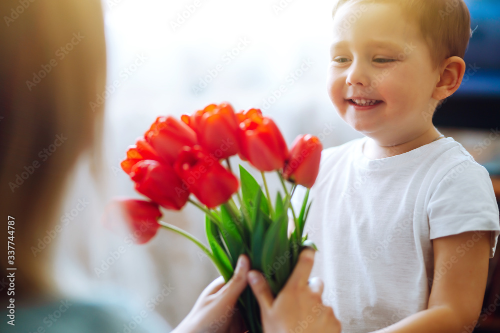Little son congratulates mother and gives a bouquet of flowers tulips. Happy mother's day. Family holiday and togetherness. Little son congratulates mother and gives a bouquet of flowers tulips. Happy mother's day. Family holiday and togetherness.