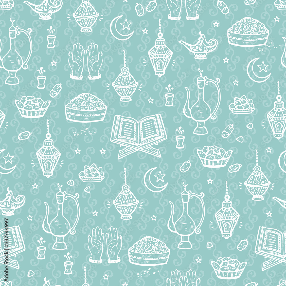 Islamic Symbols background. Arabic Seamless Pattern. Iftar party. Ramadan Kareem.
Islamic Symbols background. Arabic Seamless Pattern. Iftar party. Ramadan Kareem.