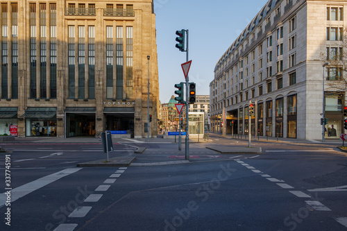 Quadro su tela Empty roadwithout car during quarantine from contagion of COVID-19 on shopping district in Heinrich-Heine-Allee in Düsseldorf, Germany