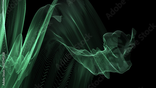 3d render abstract background with a thin green line on black background with shallow depth of field.