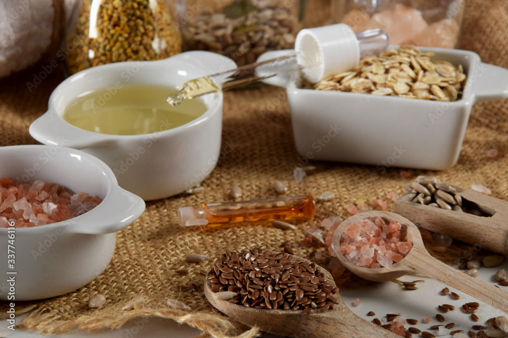 body oil, oatmeal, linseed, sunflower seeds, salt, aromatic oil in a small bottle and eye gel and a dropper for essential oils body oil, oatmeal, linseed, sunflower seeds, salt, aromatic oil in a small bottle and eye gel and a dropper for essential oils