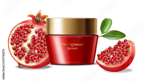 Pomegranate face cream realistic, red cosmetics, white background
