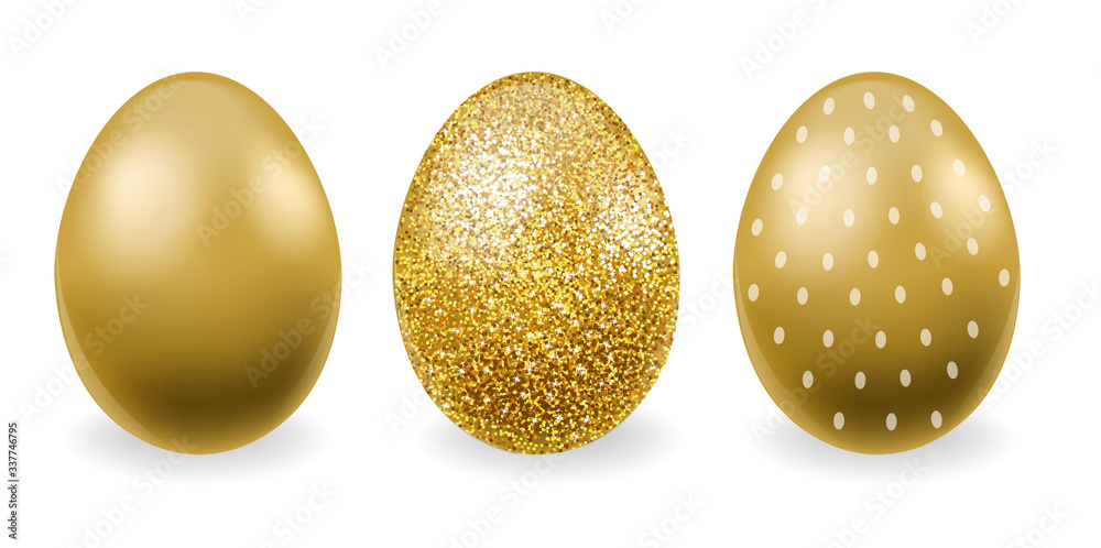 Happy Easter, realistic eggs set, golden glitter eggs card illustration, white background Happy Easter, realistic eggs set, golden glitter eggs card illustration, white background