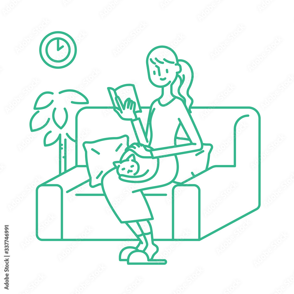 Stay home concept. Girl takes care for reading book, quarantine due to coronavirus. Illustration of home activities