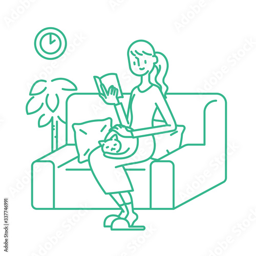 Stay home concept. Girl takes care for reading book, quarantine due to coronavirus. Illustration of home activities