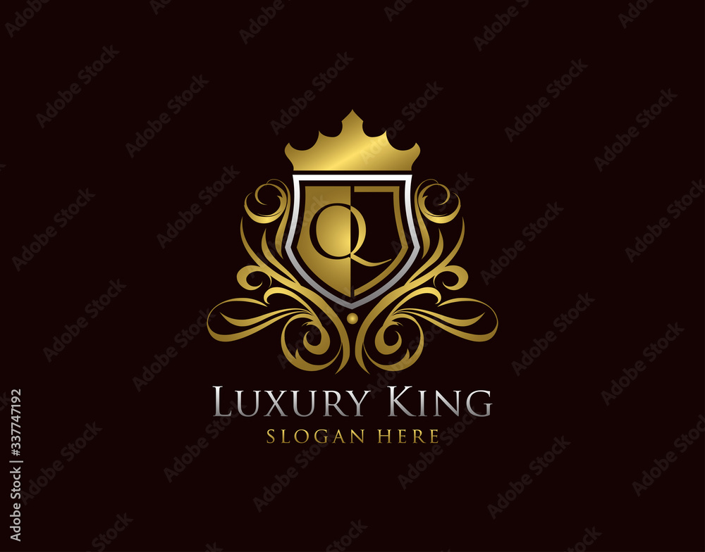Luxury Shield Q Letter Logo, Gold Q Classic Protection Symbol. Luxury Shield Q Letter Logo, Gold Q Classic Protection Symbol.
