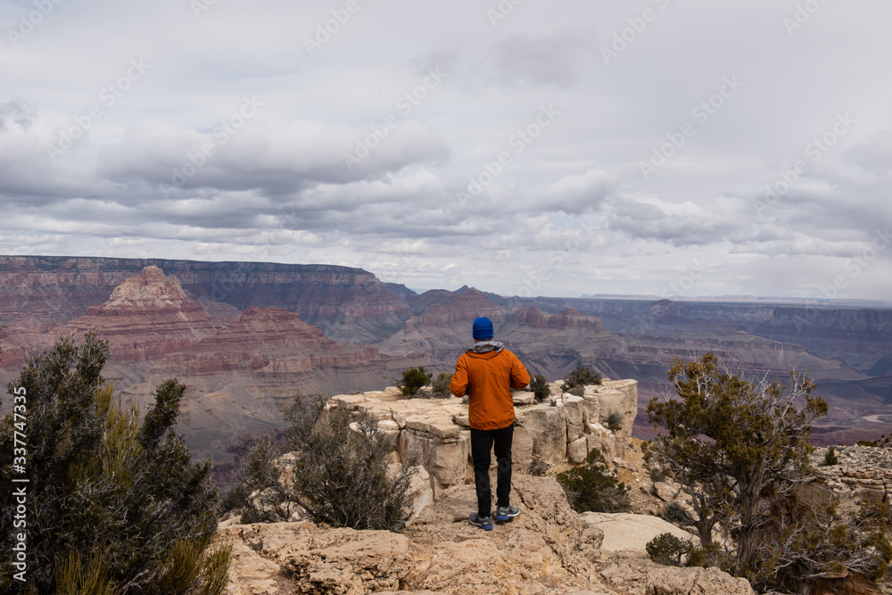 Man standing in front of the Grand Canyon admiring the view
