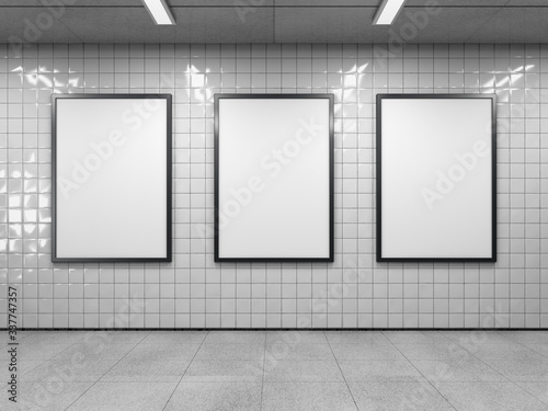Three blank poster in public place. Vertical light box mockup on subway station. 3D rendering. photo