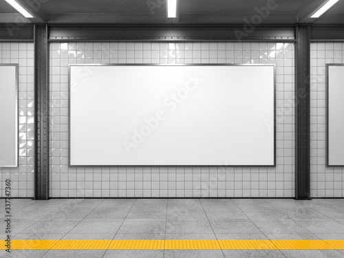 Blank horizontal big poster in public place. Billboard mockup on subway station. 3D rendering. photo