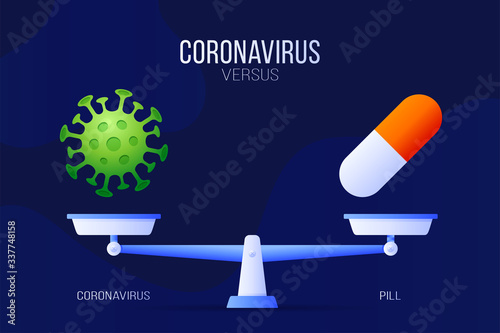 Coronavirus or medical pill vector illustration. Creative concept of scales and versus, On one side of the scale lies a virus covid-19 and on the other pill icon. Flat vector illustration.
