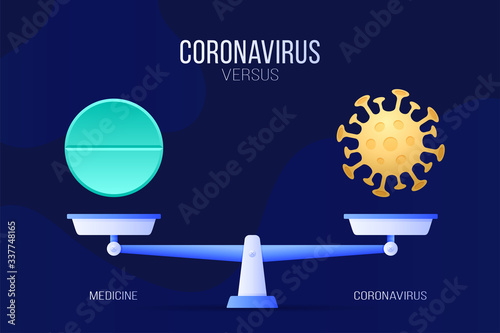 Coronavirus or medical pill vector illustration. Creative concept of scales and versus, On one side of the scale lies a virus covid-19 and on the other pill icon. Flat vector illustration.