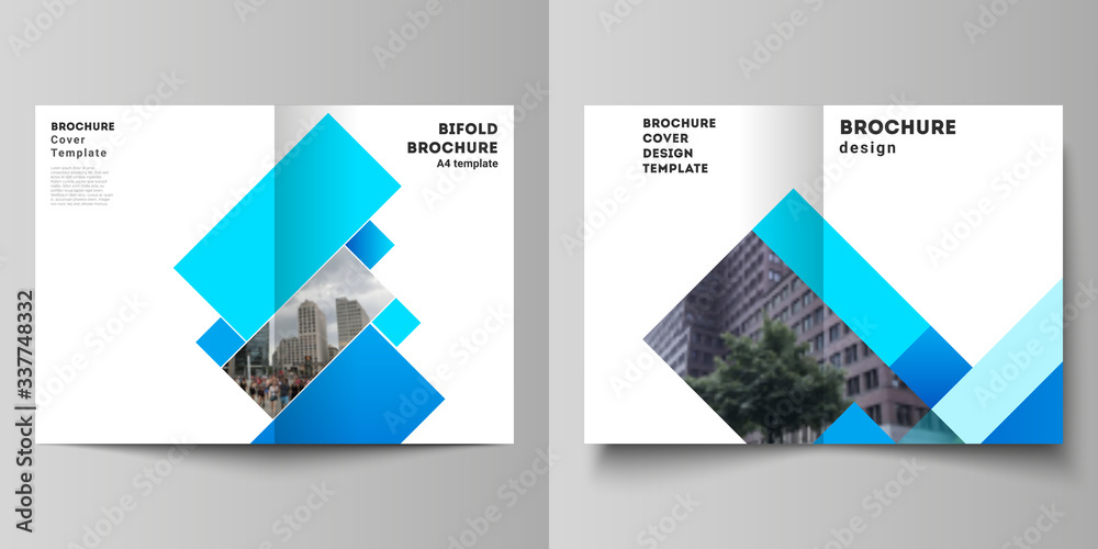 Vector layout of two A4 format modern cover mockups design templates for bifold brochure, magazine, flyer, booklet, report. Abstract geometric pattern creative modern blue background with rectangles.