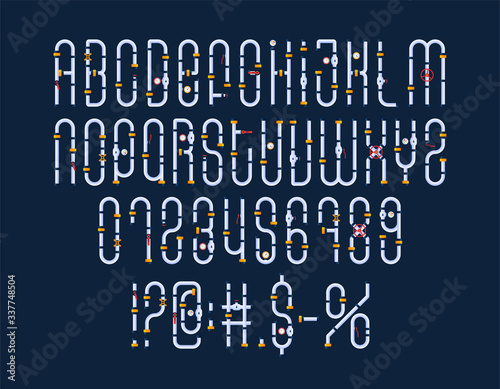 Cartoon Water pipe industrial Font with Plumbing service flat illustrations. Decoration font, number and symbol Ware Pipes technology system, typography concept.