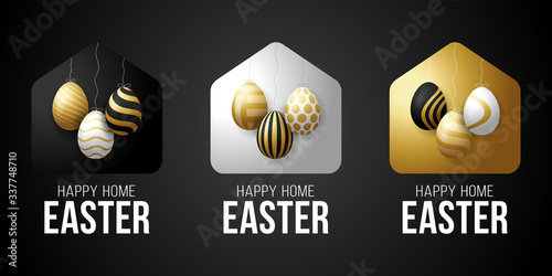 Luxury gold Happy Home Easter 2020 Card with Funny Vector Minimalist Icon. staying at home badge in Quarantine. COVID-19 Reaction.