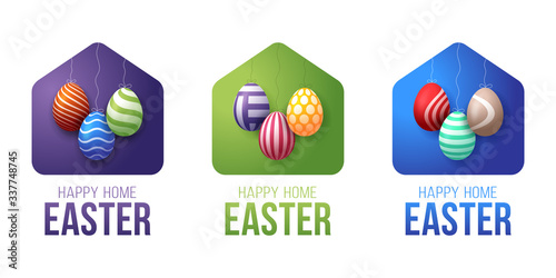 Colorful Happy Home Easter 2020 Card with Funny Vector Minimalist Icon. staying at home badge in Quarantine. COVID-19 Reaction.