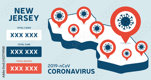 Covid-19 New Jersey state USA isometric map confirmed cases, cure, deaths report. Coronavirus disease 2019 situation update worldwide America Maps and news headline show situation and stats background