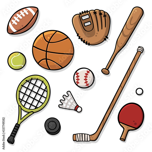 Cute sports equipment drawings including balls for football, tennis, baseball and ping-pong, a hockey puck and stick, a tennis racquet, a ping-pong paddle, a baseball glove and a badminton shuttlecock
