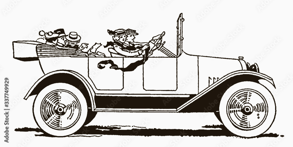 Five people driving in an antique touring car. Illustration after a historical engraving from the early 20th century