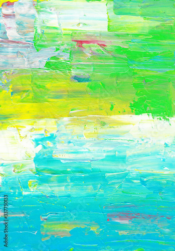 Abstract art light colorful background. Hand drawn oil painting. Green, blue, yellow, white textured brush strokes of paint on paper. Contemporary art. Modern artwork.