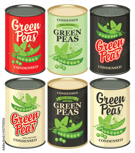 Vector set of tin cans with various labels for green peas. Samples of label design. Canned food during the quarantine, long-term storage product