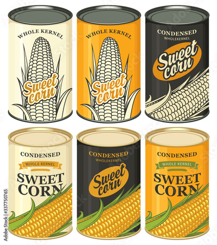 Vector set of tin cans with various labels for sweet corn. Samples of label design. Canned food during the quarantine, long-term storage product