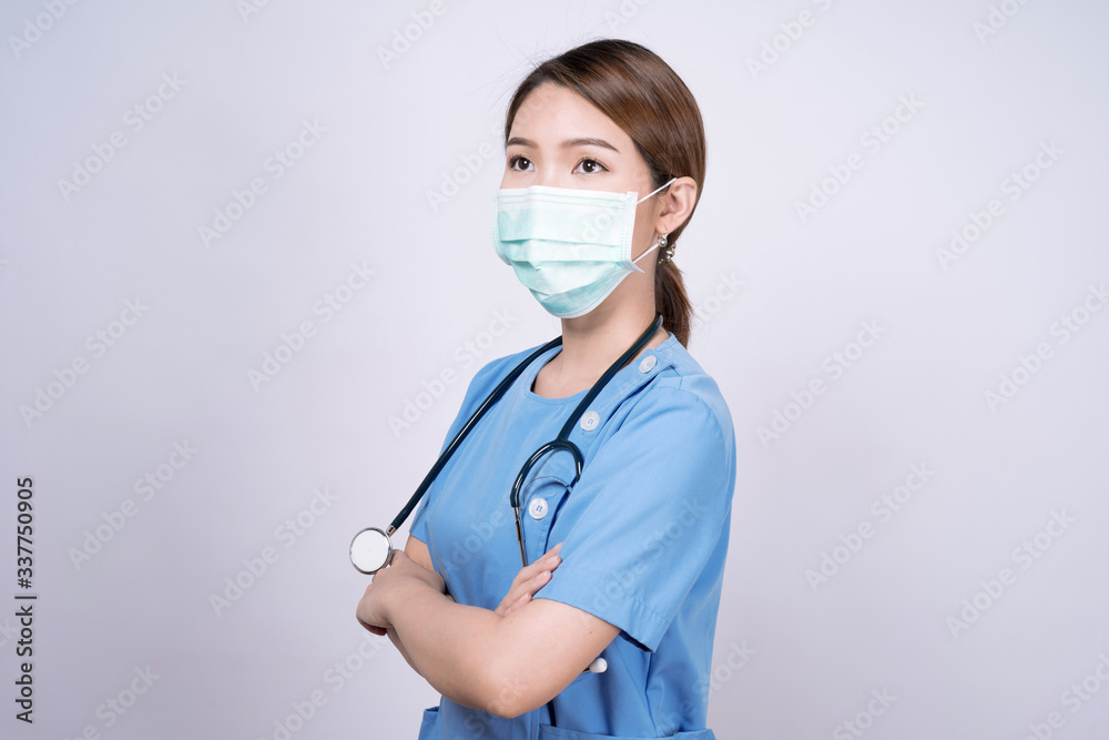 Health care concept, Asian doctors or nurses in protective masks, Isolated on white background.
