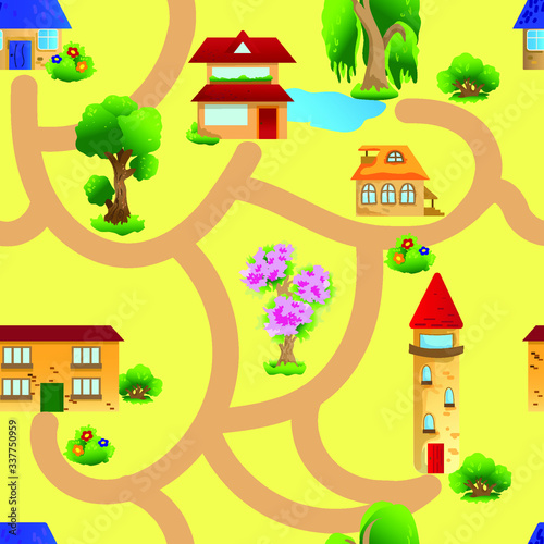 colorful houses and trees, seamless pattern