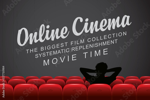 Vector online cinema poster, the biggest film collection. Movie theater at home. A man in a relaxed home pose in a movie theater with a large screen. The concept of online cinema