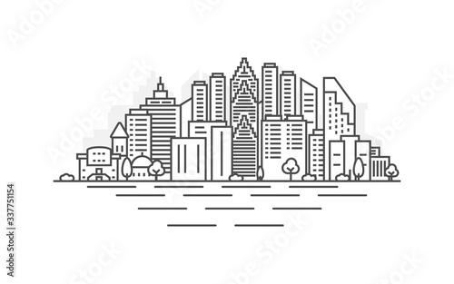 Houston city, Texas architecture line skyline illustration. Linear vector cityscape with famous landmarks, city sights, design icons. Landscape with editable strokes.