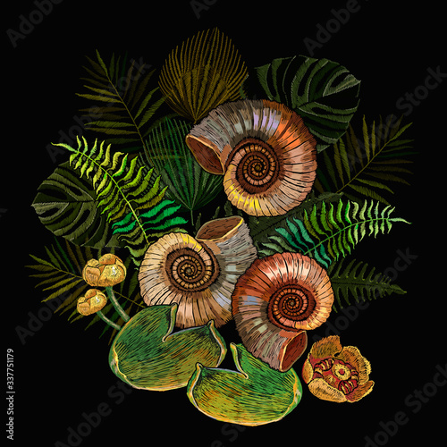 Ammonite fossil, yellow water lilies and palm leaves. Embroidery style. Ancient tropical forest. Archeology and paleontology art. Prehistoric concept. Template for clothes, print