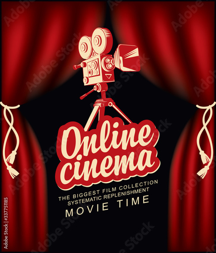Vector online cinema poster with red curtains and old movie projector in retro style. Online cinema concept. Movie theater at home, the biggest film collection