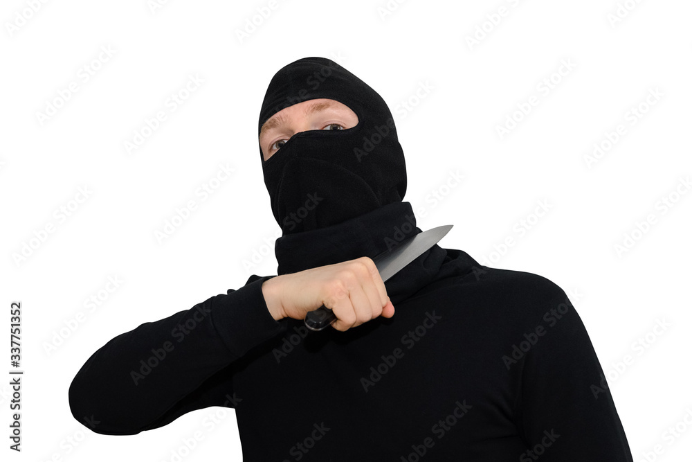 a man in balaclava with a knife close-up portrait on a white background