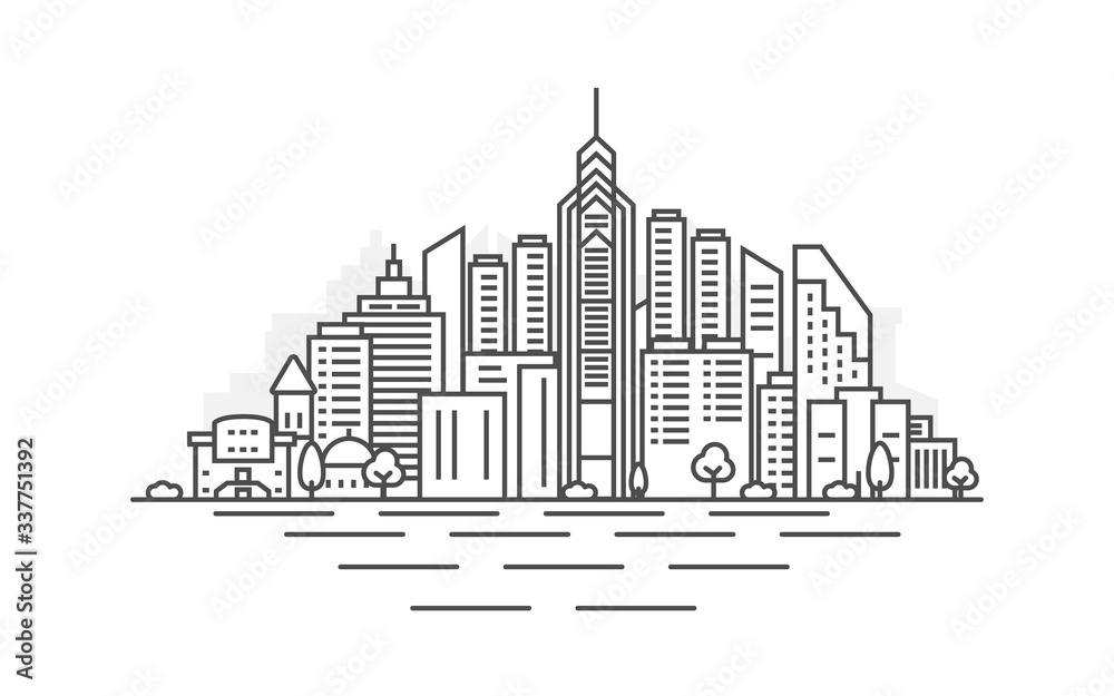 Philadelphia, Pennsylvania architecture line skyline illustration. Linear vector cityscape with famous landmarks, city sights, design icons. Landscape with editable strokes.