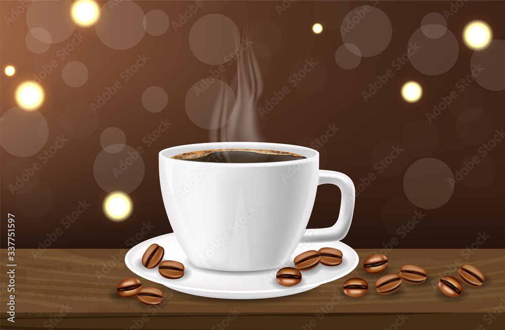 Obraz premium Coffee banner realistic, black coffee cup and coffee beans, white cup realistic, hot drink