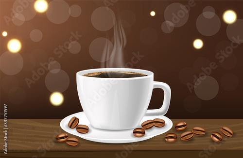 Coffee banner realistic  black coffee cup and coffee beans  white cup realistic  hot drink