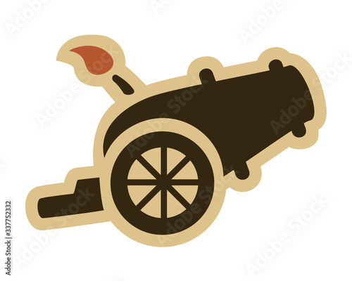 Vector design of an ancient cannon with a lit flame. Drawn with flat colors and simple lines. Can represent war, military history, attack, defense, the Renaissance, a revolution and artillery.
