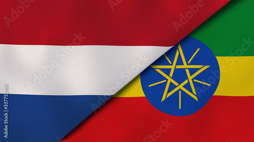 The flags of Netherlands and Ethiopia. News, reportage, business background. 3d illustration