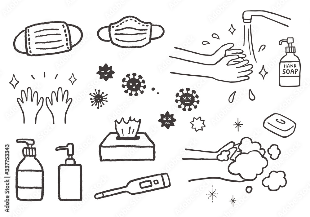 手洗い 感染症 ウイルス対策にまつわる手描きイラスト Stock Vector Adobe Stock