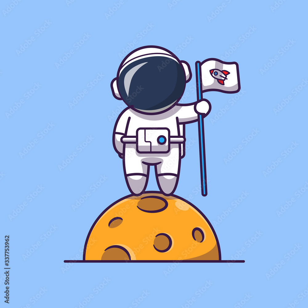 Astronaut With Flag On Moon Vector Icon Illustration. Spaceman Mascot Cartoon Character. Science Icon Concept Isolated. Flat Cartoon Style Suitable for Web Landing Page, Banner, Flyer, Sticker, Card
