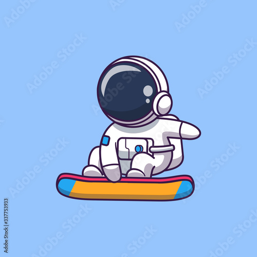 Astronaut Surfing On Moon Vector Icon Illustration. Spaceman Mascot Cartoon Character. Science Icon Concept Isolated. Flat Cartoon Style Suitable for Web Landing Page, Banner, Flyer, Sticker, Card