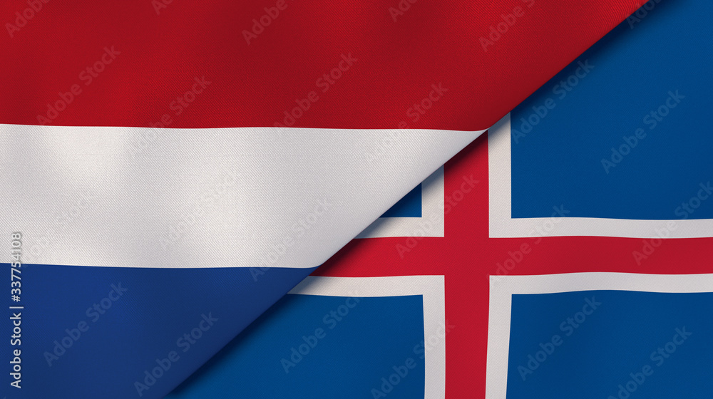 Fototapeta premium The flags of Netherlands and Iceland. News, reportage, business background. 3d illustration